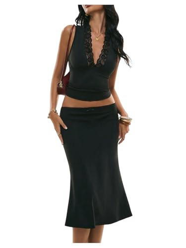 Image of GORGLITTER Party Skirt and Top Sets 2 Piece Outfit Women Lace Deep V Neck Tank Top Fishtail Midi Skirt Co Ord Sets Date Night Outfits Black Small