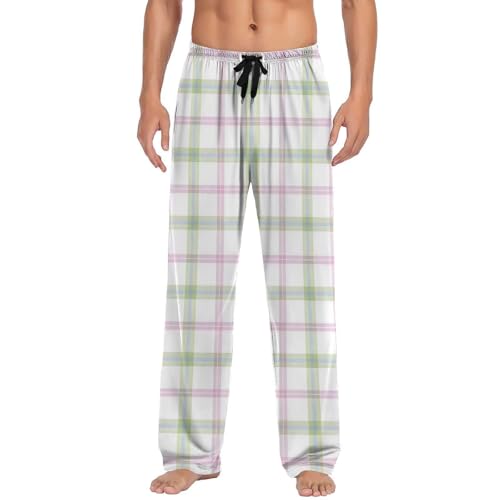 Plaid Pj Pants for Men Lounge Pjs Bottoms Lightweight Elastic Waist Pajama Pants with Pocket Loose Fit Trousers