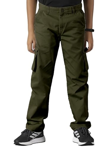 Image of KiddoPanti Boys Cargo Pants | 100% Cotton Twill | Comfortable Regular Fit | Elastic Waistband & Zip Fly | 6 Pocket Lower for Kids | Full-Length Casual Wear
