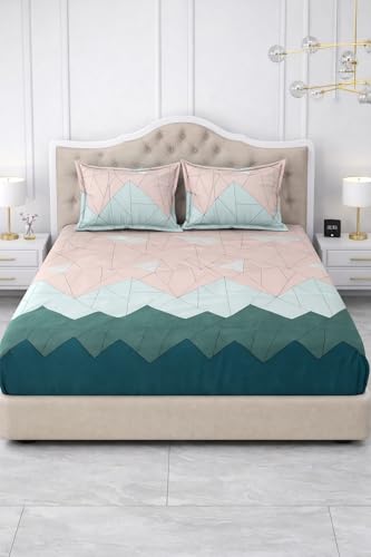 Image of 300 TC Cotton Feel Glace Cotton Elastic Fitted Bedsheet for King Size Double Bed | Fits up to 8 Inch Mattress | Printed Bedsheet with 2 Pillow Covers (Pastel Green, King Size - 72 inchx78 inch)