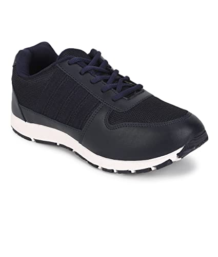UrbanMark Men Comfortable Striped Mesh Upper Lace-up Sneakers Shoes-Navy