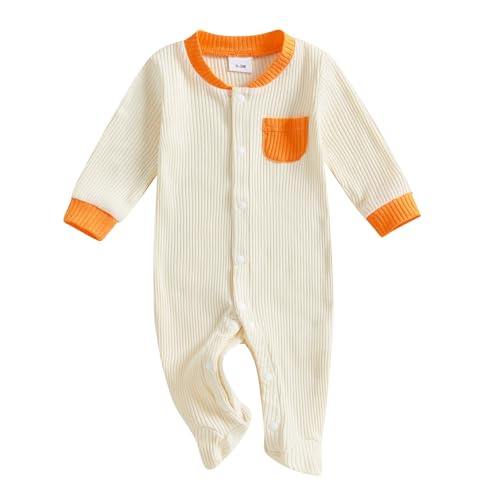 Image of Ursobutegl Newborn Baby Boy Girl Clothes Color Block Footies Romper Bodysuit Jumpsuit Button Footed Coming Home Outfits