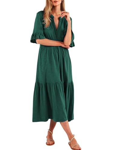 Image of Mieazom Short Sleeves Maxi Dress for Women A Line Summer Dress V Neck Casual Loose Tiered Long Dresses with Pockets