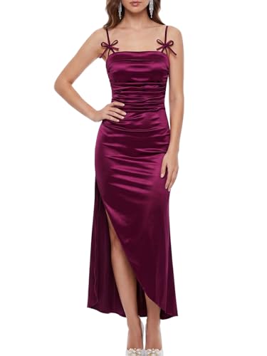 Rosegalette Women's Satin Ruched Maxi Dress Bowknot Asymmetric Slit Prom Wedding Guest Gowns,Red Wine,S