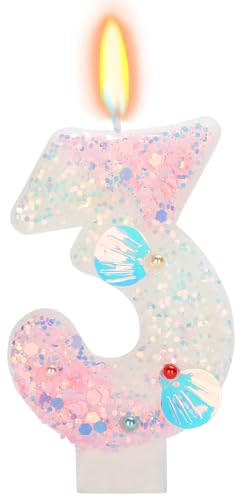 ElekFX Birthday Candle for Cake, Mermaid Vibes Pink 3 Candle, Mermaid Party Supplies Starfish Shell Glitter Decor 2.76 inch Candle, Cake Topper Decoration for Birthday Party (Number 3)