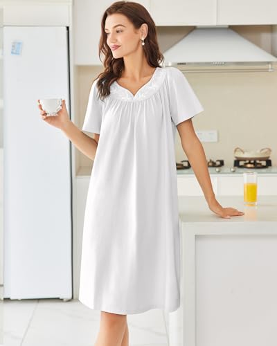 Image of Ekouaer Moo Moos for Women House Dress With Pockets Cotton Nightgowns Short Sleeve Night gowns Embroidered Mumu Dress