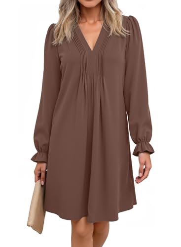 Image of Dokotoo Womens Casual Dress A-Line Ruffle Sleeve V Neck Midi Dress 2025 Fashion Pleated Flowy Sundress Loose Shirt Dresses