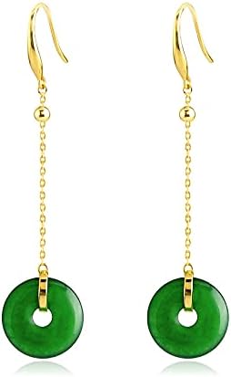 Natural Hetian Jade Donuts Pendant Earrings 14K Gold Filled Long Jade Dangling Earrings Hetian Jade Drop Earrings Hook Earrings Bridal Jade Jewelry