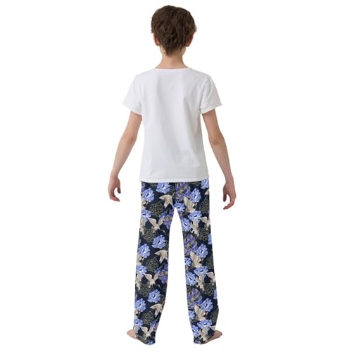 Crane Bird Peony Flowers Boys Long Pants Soft Trousers Elastic Waist Kids Lounge Bottoms with Pockets S-XL3
