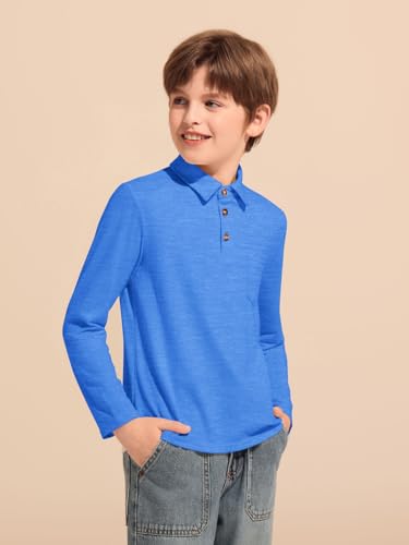 Image of Haloumoning Boys Long Sleeve Polo Shirts Kids Casual Button School Uniform Shirts with Chest Pocket 5-14 Years
