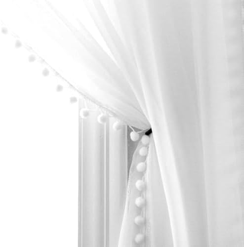 MISS SELECTEX Linen Look Pom Pom Tasseled Sheer Curtains - Rod Po...