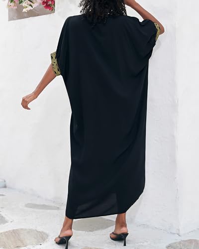 Bsubseach Gold Embroidery Long Kaftan Dresses V Neck Caftan Dress Beach Cover Ups for Women Embroidery