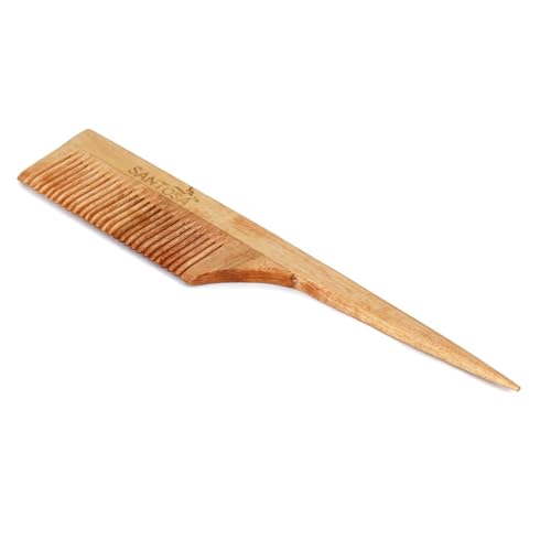 Image of Santosa Kacchi Neem Wooden Comb, Soaked in 14 Herbs & Neem, Coconut and Sesame Oils, for Hair Growth, Detangling, Frizz Control, Hair Shine, Hairfall and Dandruff, All Hair Types (Tail)