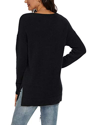 QIXING Women's Casual V-Neck Long Sleeves Side Split Loose Fit Fuzzy Knit Pullover Sweater Tops3