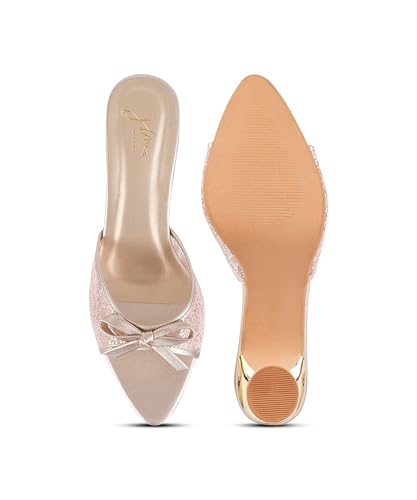 Image of JM LOOKS Women's Kitten Mules Heels Glitter Sparkle Heel with Bow Open Pointed Toe Stiletto Low Heels Party Dress Slip On Backless Sandals
