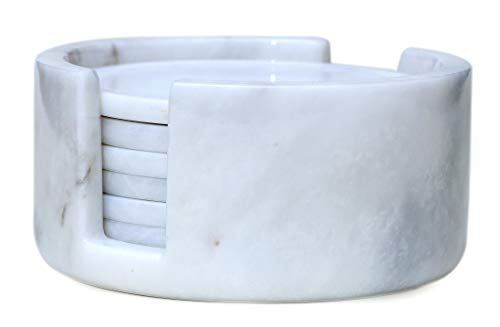 RADICALn Coaster Set Cup Pad 35 Inches Handmade Marble Pot Mat Monogrammed White Round Coasters Set for Mug Glass Drinks - Non Tile - Warming Stone Kitchen Caddy Car Office Drink Coaster Sets