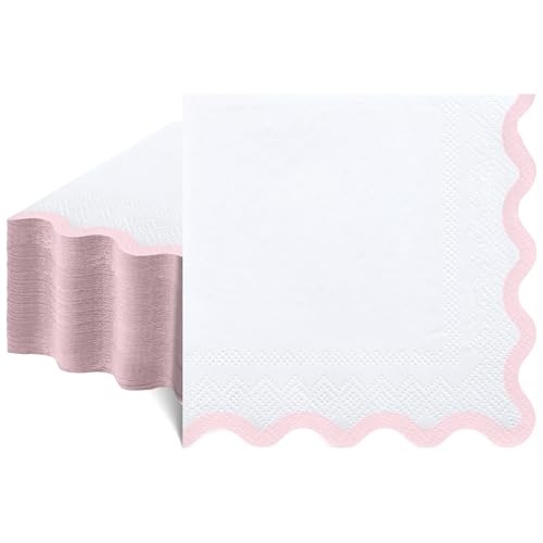 80 Pcs Pink and White Napkins 3 Ply Scalloped Cocktail Napkins 5 x 5 Inch