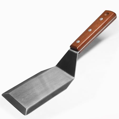 Professional Metal Spatula for Cast Iron Skillets and Flat Top Grills, Full Tang Wooden Handle, Stainless Steel Blade, Smash Burger Spatula Turner for Flipper, Cooking, BBQ, 5 Inch x 3 Inch