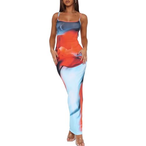 Image of Womens Summer Casual Floral Dresses Spaghetti Strap Bodycon Maxi Beach Dress Elegant Evening Party Long Dresses