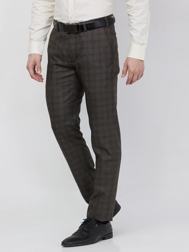 Image of Raymond Men Slim Fit Checks Pattern Poly Viscose Blend Flat Front Formal Trouser