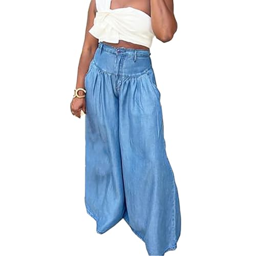 cffvdiz Blue,S, Women's Casual Baggy Bell Bottom Jeans High Waist