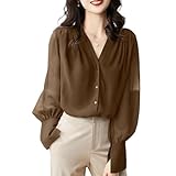 【1/2style】Vネックとろみシフォンブラウス 長袖 前ボタン 透け感 ふんわり袖 フレアカフス 上品 きれいめ オフィス カジュアル レディース (茶,ＸＸＬ)