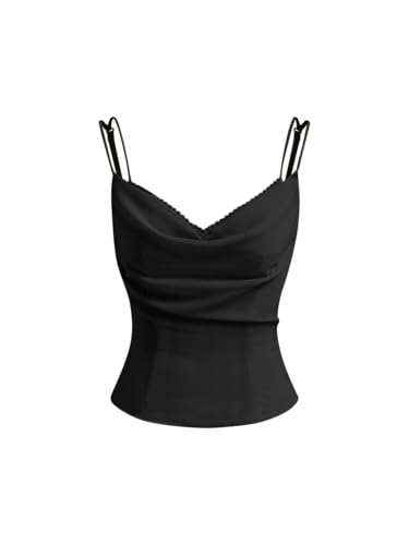 CIDER Women Cami Top Cowl Neck Lettuce Trim Spaghetti Strap Casual Sleeveless Chiffon Blouse