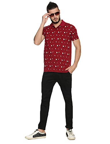 Image of KRYPTIC Men's 100% Cotton Maroon Leaf Printed Polo Tshirt (S)