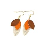 Boucles ovales feuilles en cuir marron clair, orange et doré (Crochets en Vermeil or 24k)