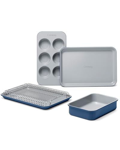 Caraway Mini Bakeware Set – Naturally Non-Stick, Non-Toxic Ceramic Coating – Compact Baking Pans Set for Small Kitchens & Ovens – Includes Baking Sheets, Muffin Pan, Cooling Rack & Storage - Navy