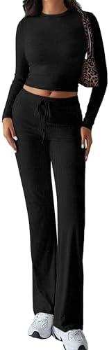 OLCHEE Womens Lounge Set 2 Piece Outfit Long Sleeve Ruched T-Shirt Top Wide Leg Pants Matching Loungewear Fall Tracksuit