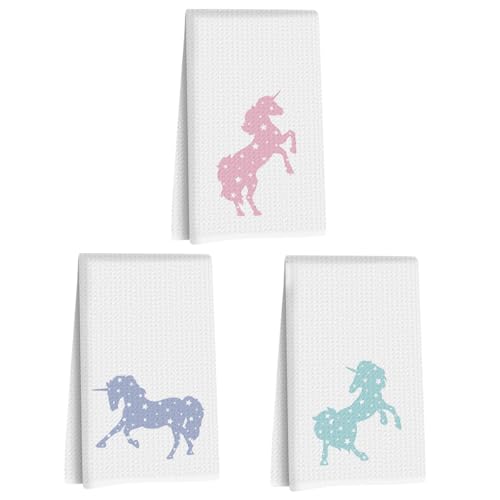 Image of 3 Pcs Tide Tales Unicorn Kitchen Towels, Unicorns Decor Reusable Dish Towel | Waffle Weave Hand Cloth Tea Towel for Kitchen Bathroom Home Decor, Unicorn Lover Gifts for Women Friend Girls 24x14 Inch
