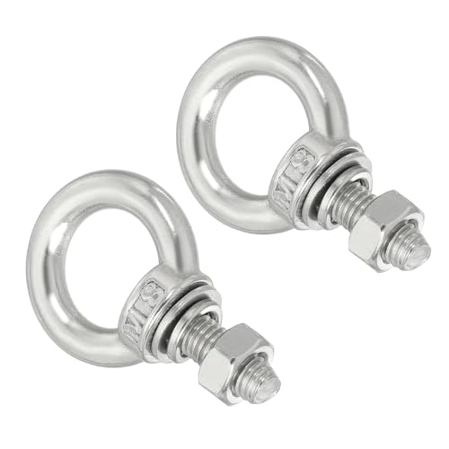 Image of uxcell M8*20 5 /16 inchx0.79 inch Stainless Steel Eye Bolts Threaded Screw Eyebolt Shoulder Ring with Nuts Washers for Lifting Hanging, 2 Set