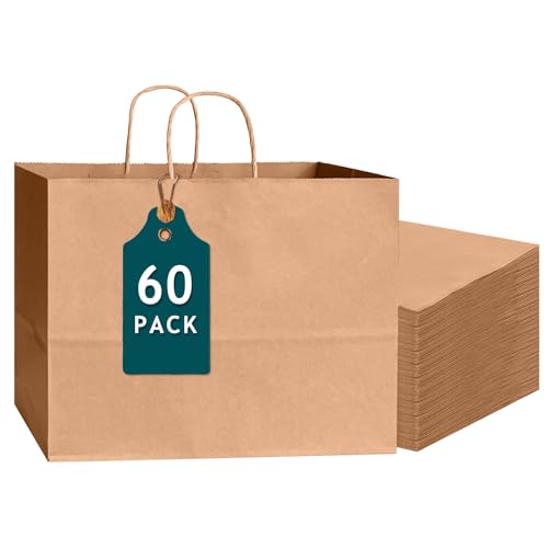 Bakepacker 60-Pack Wide Large Size Paper Bags With Handles Bulk 12.6