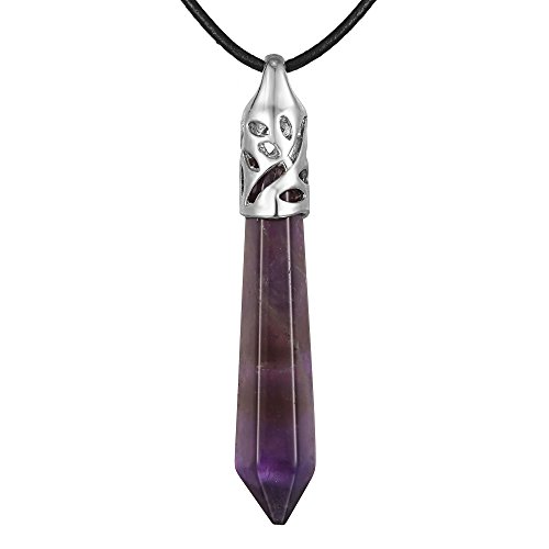 BRCbeads Gemstone Necklace, Amethyst Pendant Crystal Hexagonal Healing Point Reki Chakra Unisex Genuine Leather Cord 20''
