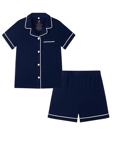 Boys Girls Pajama Set Soft Bamboo Viscose Short Sleeve Button Down 2 Piece Sleepwear