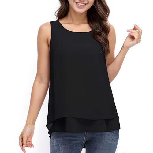 Zhiaek Canotta Donna Estiva in Chiffon Canottiera Girocollo Top Donna Elegante Senza Maniche T-Shirt Casual Camicia Top vestibilità Larga Nero XL