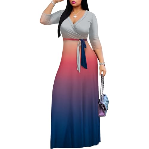 Image of PinkPatty Women's Plus Size Maxi Dresses Casual Flowy 3 /4 Sleeves Dress Printed Vacation Dress for Daily Wear with Belt