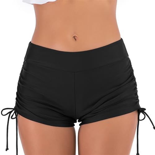 IHCEMIH Swim Shorts Women, Drawstring Tankini Bottoms Tummy Control Women's Swimming Board Shorts Modest Beach Swimwear Bikini Bottom for Ladies UK Black L