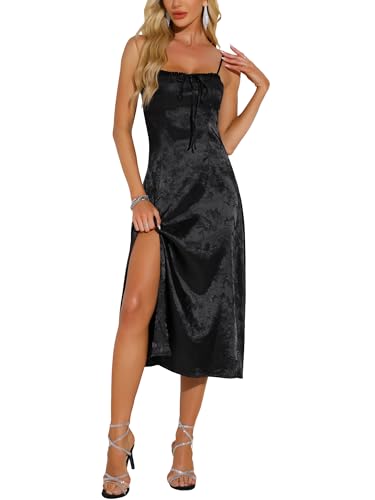 Robe de cocktail fendue avec bretelles spaghetti réglables et tissu satiné fluide