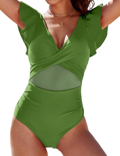Maillot de bain en maille vert kaki avec volants confort taille L
