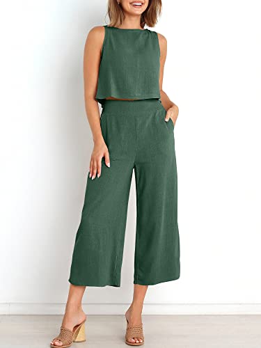 Image of ANRABESS Women's Summer 2 Piece Outfits Sleeveless Tank Crop Button Back Top Cropped Wide Leg Pants Set Pockets