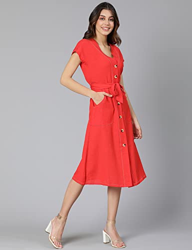 Image of oxolloxo Women Cotton Shirt Regular Sleeves Solid Party Dress
