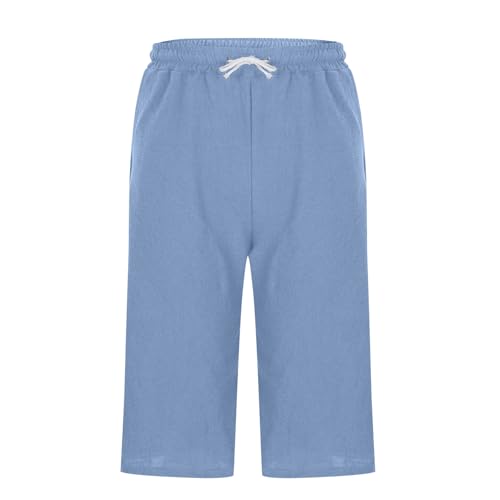 Cambkatl Men's Cotton Linen Capri Pants Lightweight Casual Summer Drawstring Elastic Waist Loose Beach Pants with Pockets4