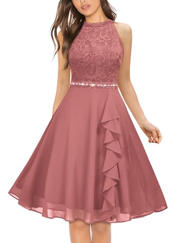 Image of Miusol Women's Halter Neck Lace Ruffle Vintage Cocktail Party A-Line Bridesmaid Dress