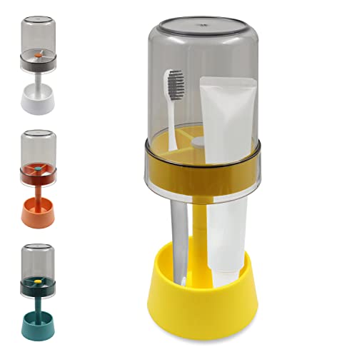 Soporte para cepillo de dientes con copas de cepillo de dientes, soporte para pasta de dientes con 3 ranuras, soporte organizador de almacenamiento dental (amarillo)