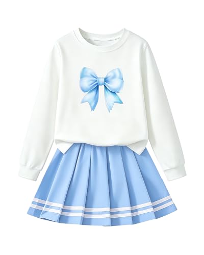 Image of Betusline Girls Skirt Set JK School Uniform 2-Piece Outfit - Short Sleeve & Webbing Solid Skirt,4-14Y