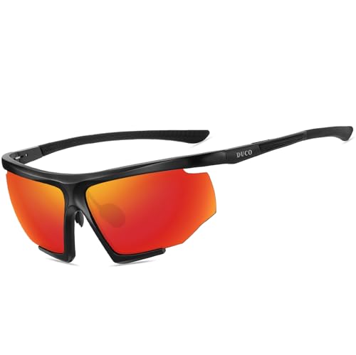 Image of DUCO Sports Mens Sunglasses Trendy Square Polarized Running Sunglasses For Women UV400 Lens DC8238 (Black Frame Revo Red Lens)
