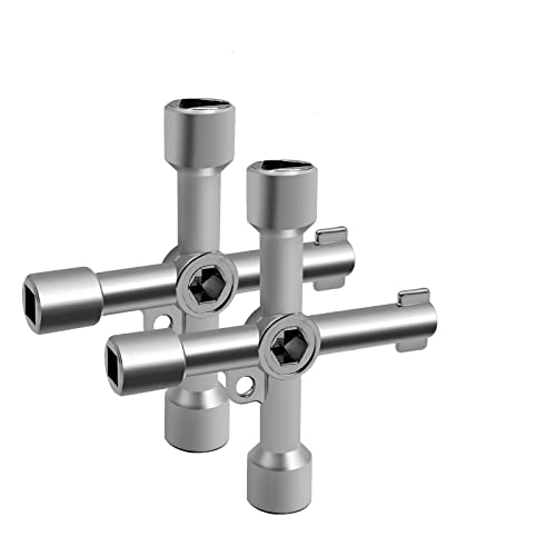 QYQRQF 4-Way Multi-Functional Utility Key, 4 in 1 Universal Cross Key Stainless Steel Triangle Square Key for Water Gas Meter Valve Elevator Cabinet (Silver)