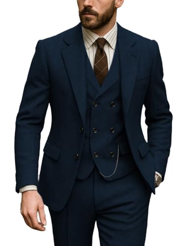 Men's Suits Slim Fit 3 Pieces Tweed Herringbone Double Breasted Jacket+Vest+Pants Wedding Grooms4